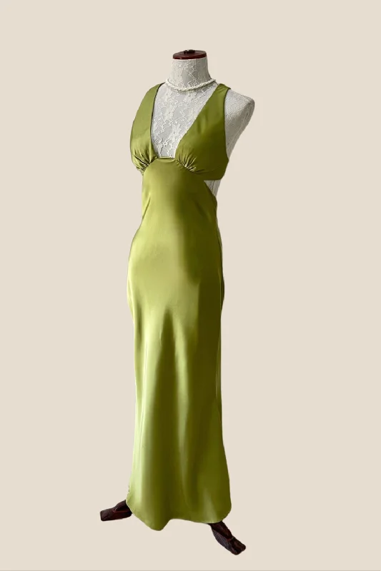 Plunge Neck Green Cutout Sheath Long Dress Crew Neckline Casual