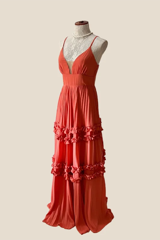 Plunge Neck Rust Orange Pleated Long Dress Tunics Long Elegant