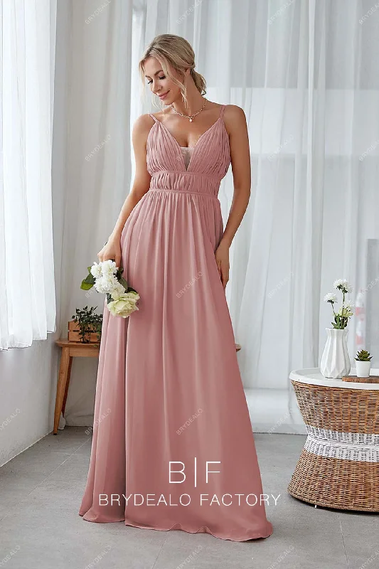 Popular Dusty Rose Chiffon Plunging A-line Long Dress Tunics Modern contemporary