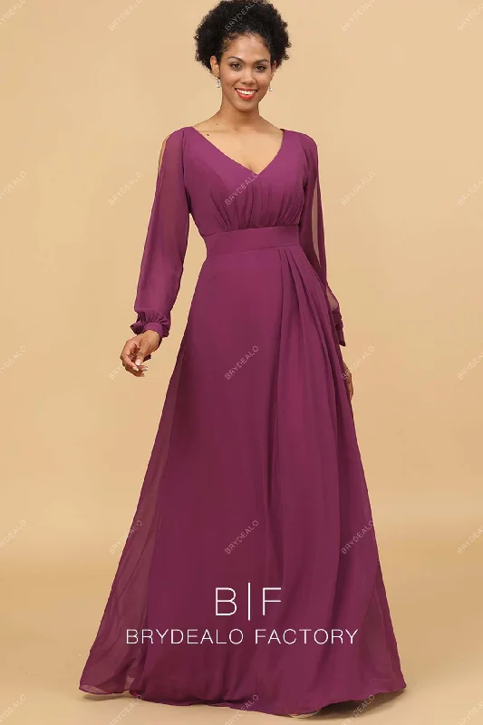 Raspberry Chiffon Slit Sleeves V-Neck A-Line Long Dress Tunics Versatile stylish