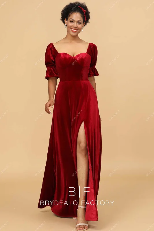 Red Velvet Half Sleeves Slit A-line Long Dress Tunics Timeless classic