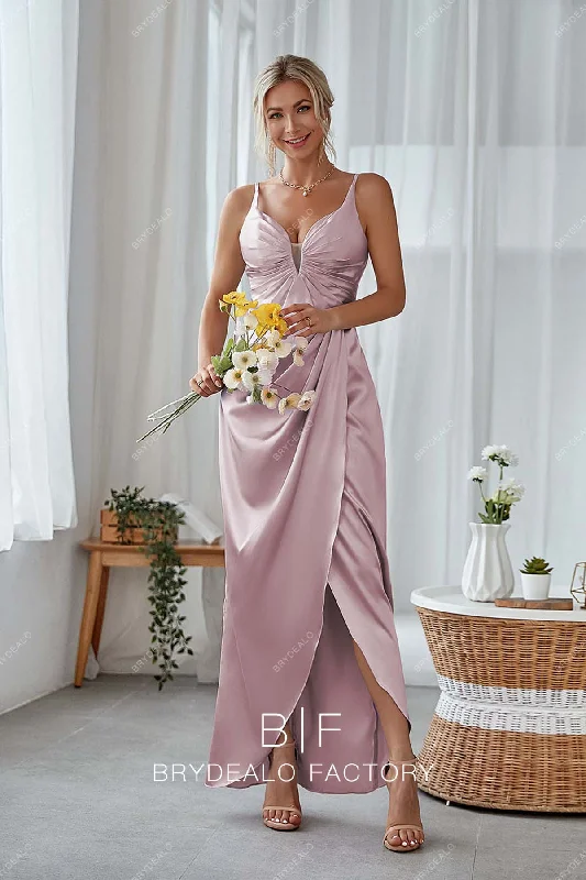 Ruched Plunging Neck Wisteria Charmeuse Slit Long Dress Tunics Seasonal trendy