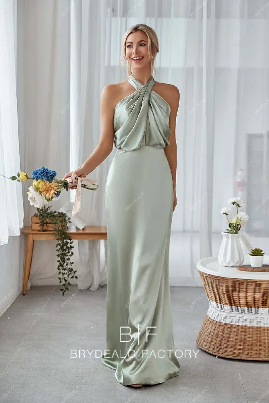 Sage Charmeuse Halter Neck Sleeveless Mermaid Long Dress Tunics Summer linen