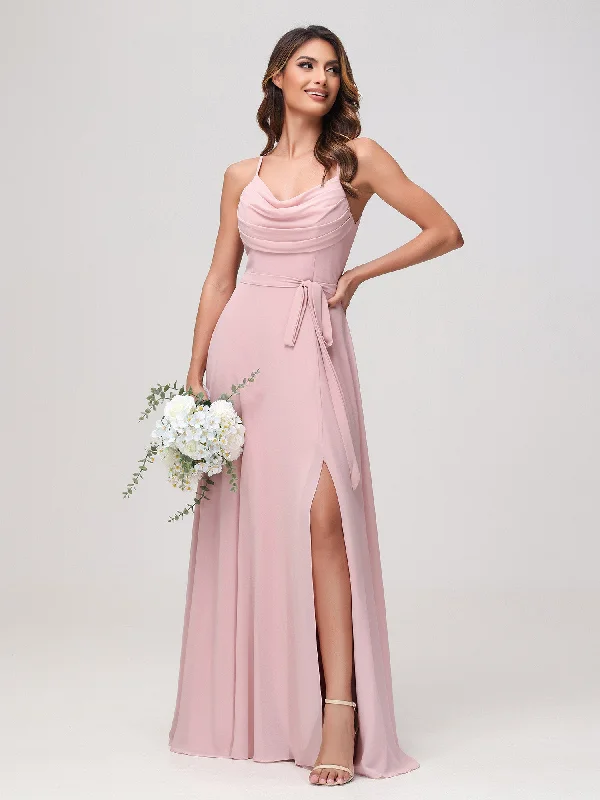 Sexy Cowl Neck Ruched Chiffon Long Dress with Slit Dusty Rose Tunics Winter warm