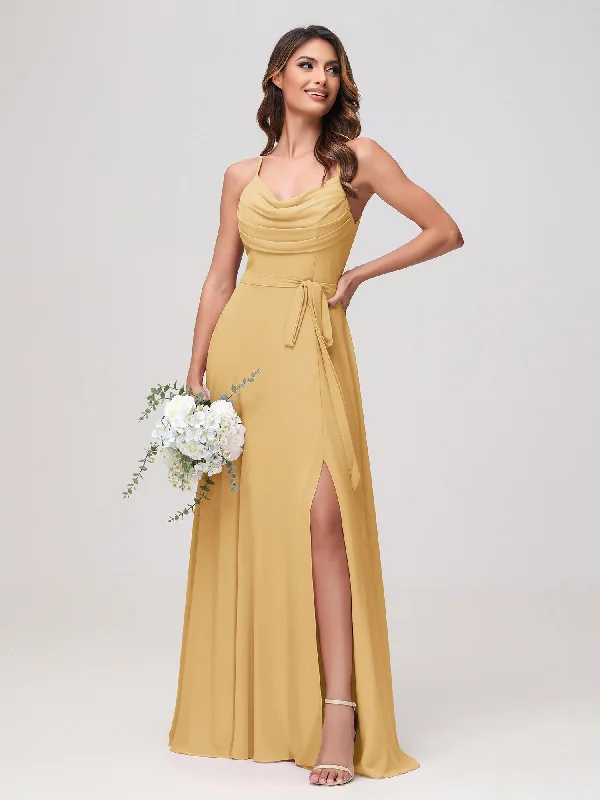 Sexy Cowl Neck Ruched Chiffon Long Dress with Slit Gold Tunics Cozy soft