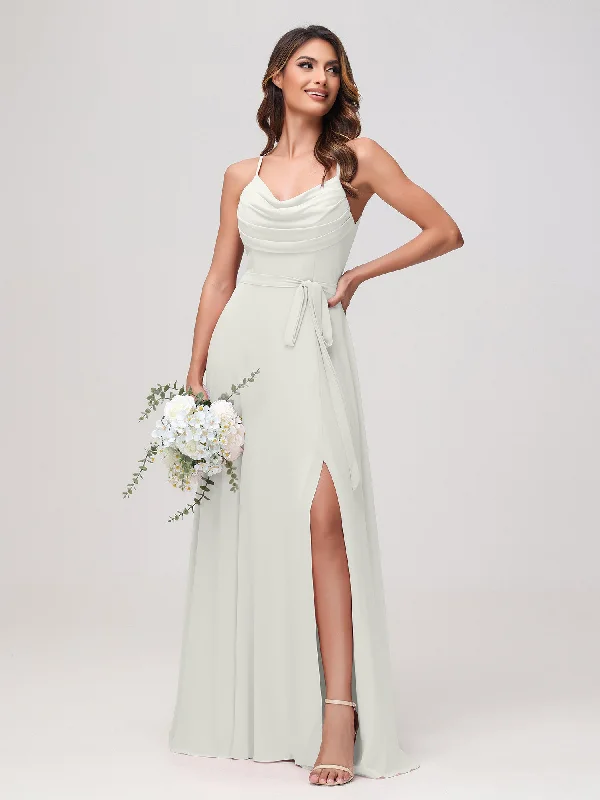 Sexy Cowl Neck Ruched Chiffon Long Dress with Slit Ivory Tunics Timeless classic