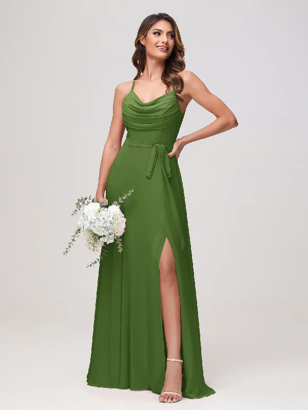 Sexy Cowl Neck Ruched Chiffon Long Dress with Slit Moss Tunics Cozy comfortable
