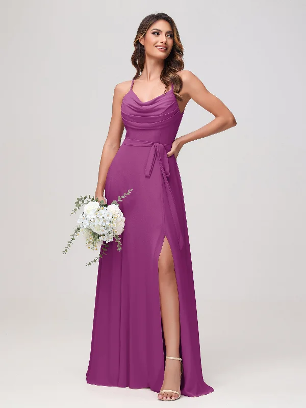 Sexy Cowl Neck Ruched Chiffon Long Dress with Slit Orchid Tunics Solid Classic