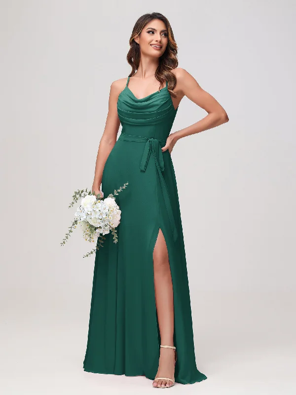 Sexy Cowl Neck Ruched Chiffon Long Dress with Slit Peacock Tunics Modern contemporary