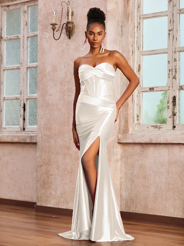 Sexy Sweetheart Stretch Satin Trumpet Long Dress Ivory A-Line Day Work
