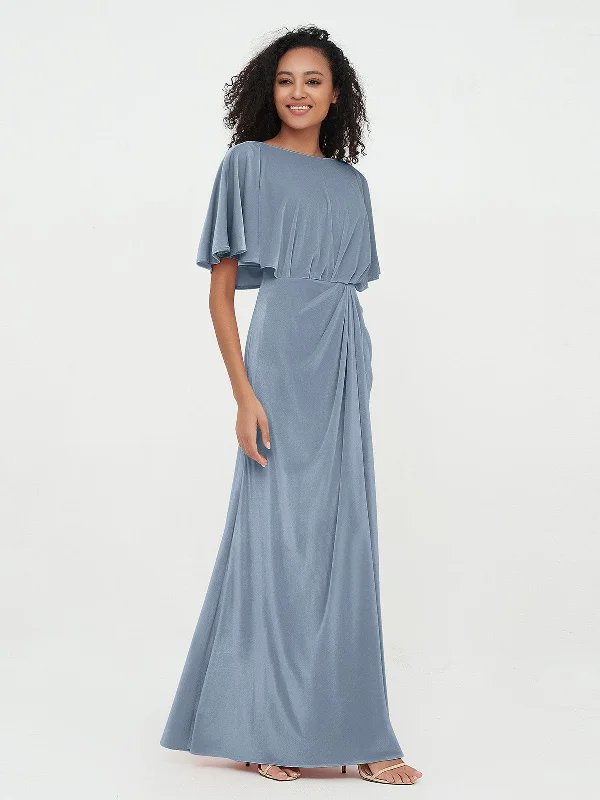 Sheath Velvet Long Dresses with Flutter Sleeves Dusty Blue empire Waist empire