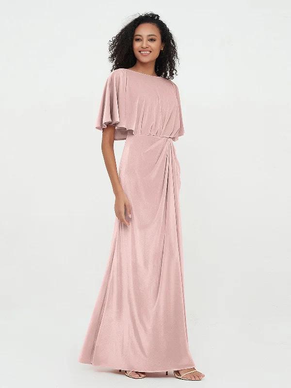 Sheath Velvet Long Dresses with Flutter Sleeves Dusty Rose Shift Classic Vintage