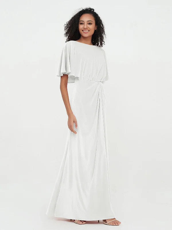 Sheath Velvet Long Dresses with Flutter Sleeves Ivory Tunics Luxurious premium