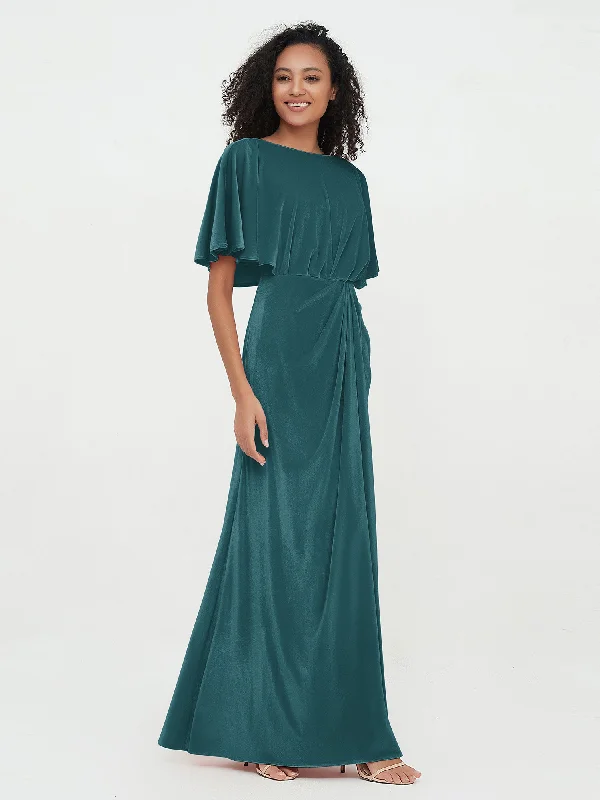 Sheath Velvet Long Dresses with Flutter Sleeves Peacock Tunics Designer luxury