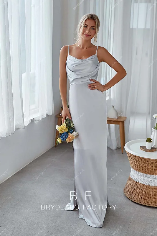 Silver Charmeuse Cowl Neck Spaghetti Straps Sheath Long Dress Tunics Winter warm