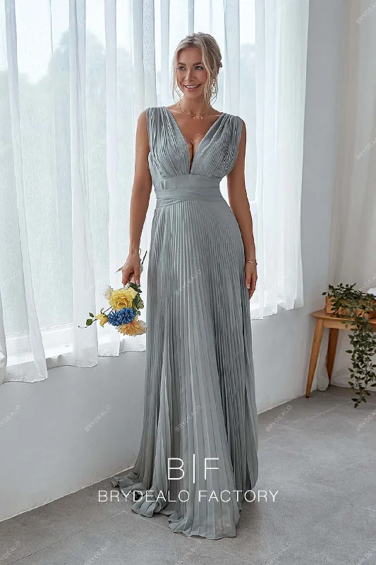 Silver Pleated Chiffon Plunging Neck V-back Long Dress Tunics Handmade artisanal