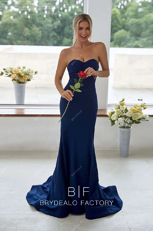 Simple Sweetheart Neck Strapless Navy Blue Mermaid Long Dress Tunics Bridal satin