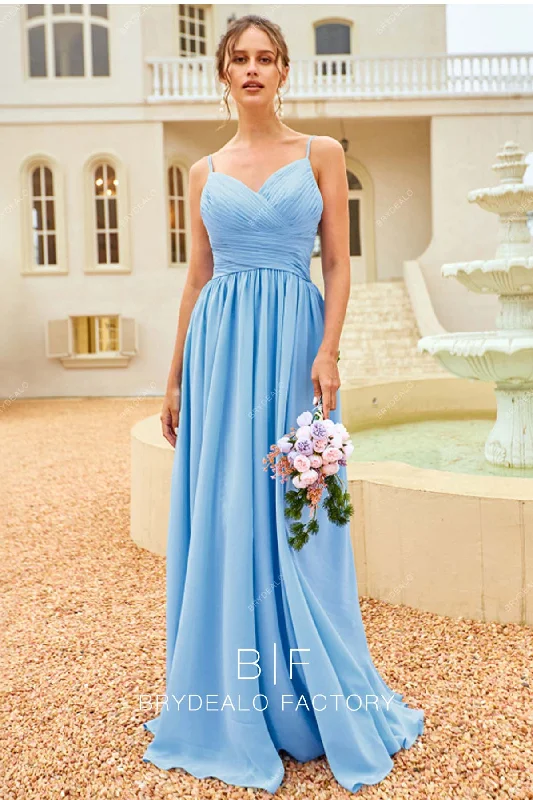 Sky Blue Pleated Chiffon Thin Straps Elegant Long Dress Tunics Brand named