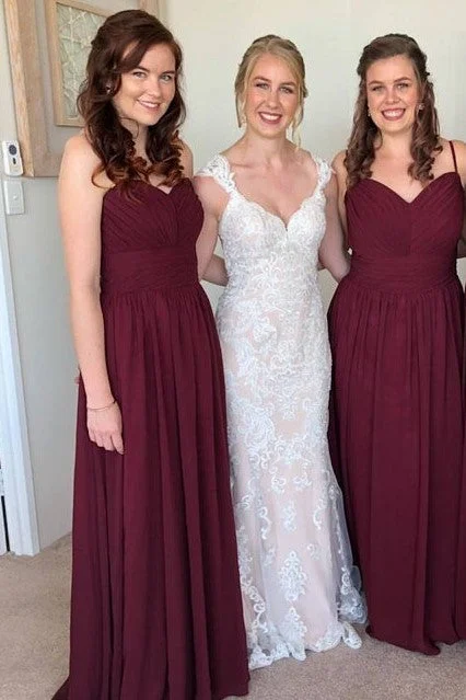 Spaghetti Straps Chiffon Burgundy Bridesmaid Long Dresses Tunics Velvet soft