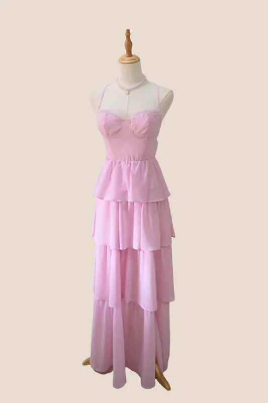 Spaghetti Straps Pink Tiered Chiffon Long Dress Turtleneck Warm Winter