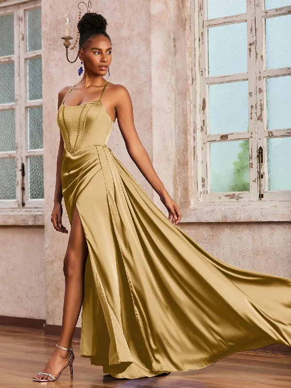 Spaghetti Straps Ruched Long Dress With Ribbons Gold Tunics Office stylish