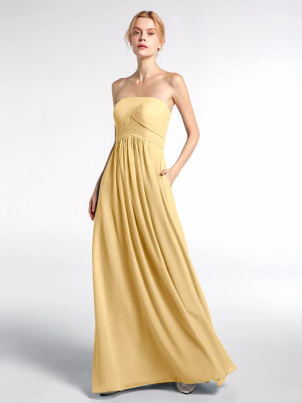 Strapless Chiffon Empire Waist Dress with Pockets-Gold Tunics Long Elegant