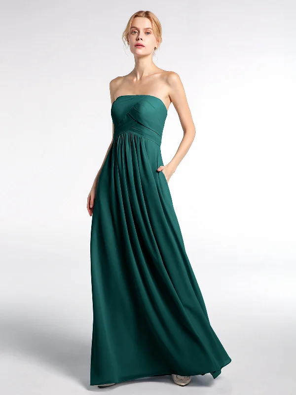 Strapless Chiffon Empire Waist Dress with Pockets-Peacock Tunics Short Trendy