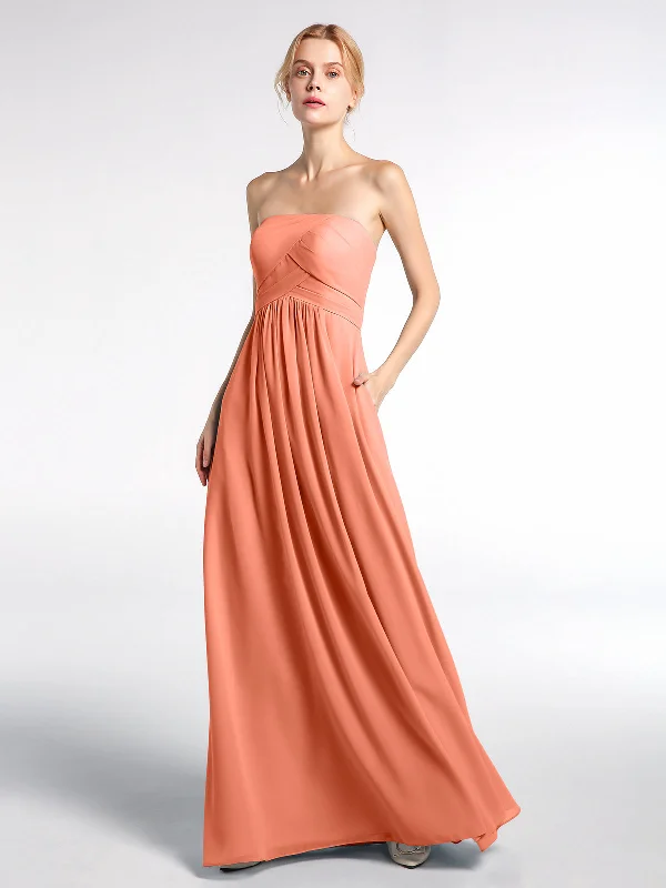 Strapless Chiffon Empire Waist Dress with Pockets-Sunset Crew Neckline Sporty