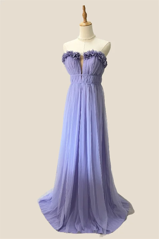 Strapless Lilac 3D Folral Tulle Long Dress Tunics Distressed trendy