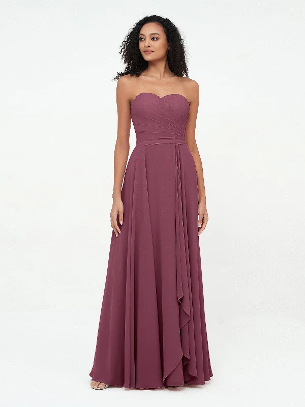 Strapless Sweetheart Neck Chiffon Long Dresses-Mulberry Crew Neckline Casual