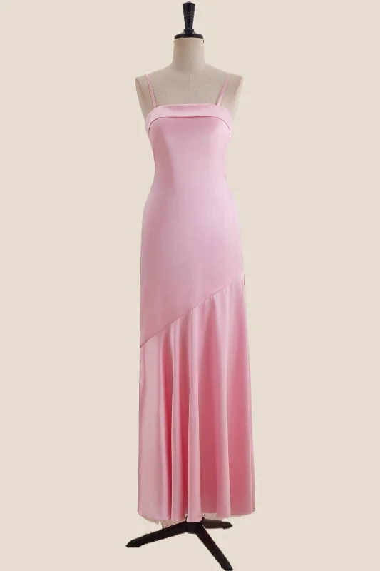 Straps Pink Sheath Long Dress with Back Bow Tunics Lace romantic