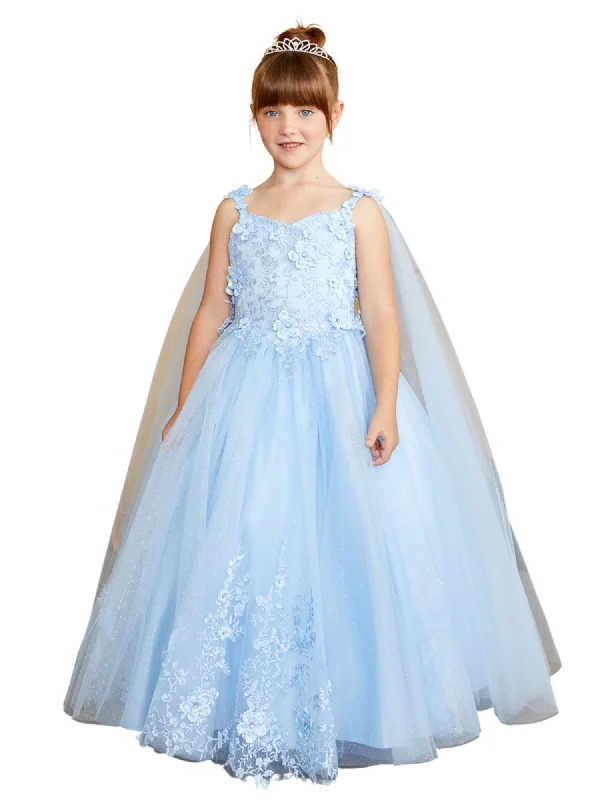 3D Floral Bodice Glitter Tulle Detachable Cape Special Occasion Dress, Sizes 2-18 Tunics Stylish modern