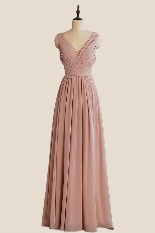 V Neck Blush Pleated A-line Long Dress Tunics Denim casual