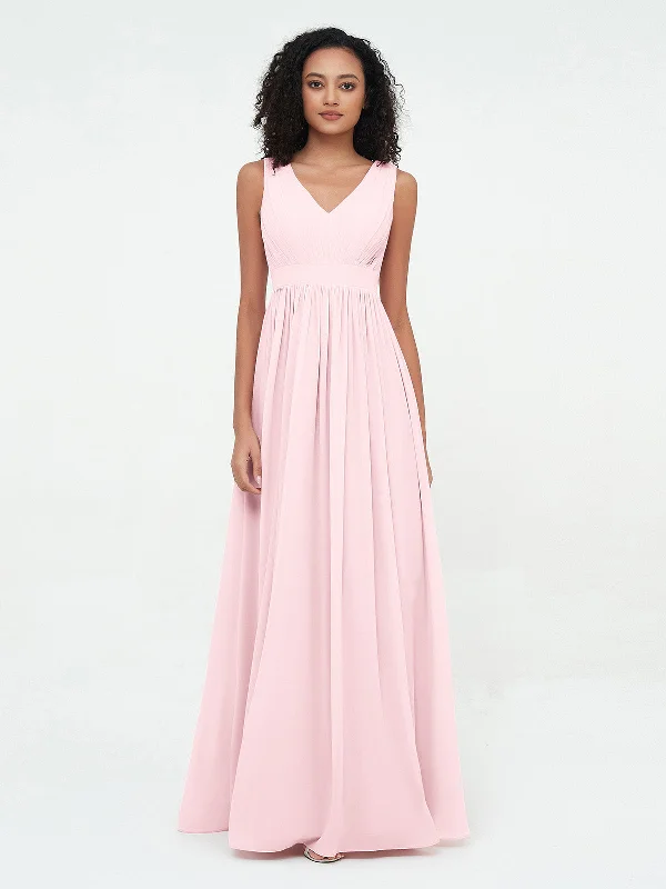 V neck Chiffon Long Dresses with Open Back Blushing Pink Casual Short Summer