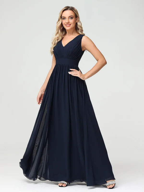 V neck Chiffon Long Dresses with Open Back Dark Navy Tunics Formal black