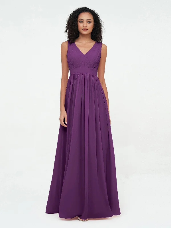 V neck Chiffon Long Dresses with Open Back Grape Tunics Chic elegant