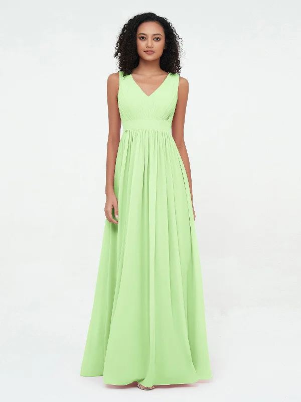V neck Chiffon Long Dresses with Open Back Sage Crew Neckline Sporty