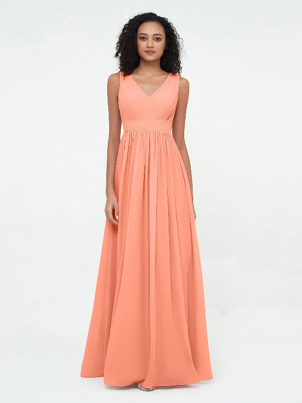 V neck Chiffon Long Dresses with Open Back Sunset Tunics Long Elegant