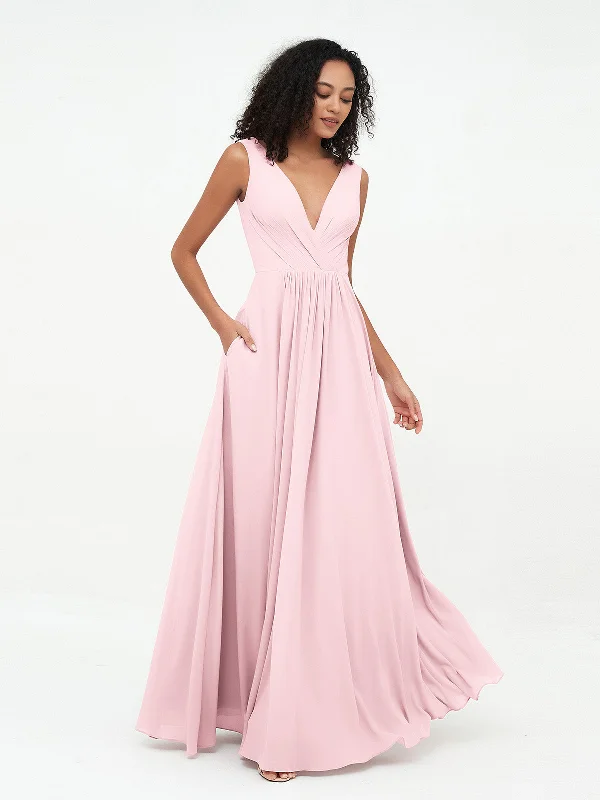 V-neck Chiffon Long Dresses with Pocktes-Blushing Pink Boat Neckline Classic