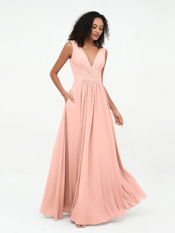V-neck Chiffon Long Dresses with Pocktes-Coral Tunics Sophisticated sleek