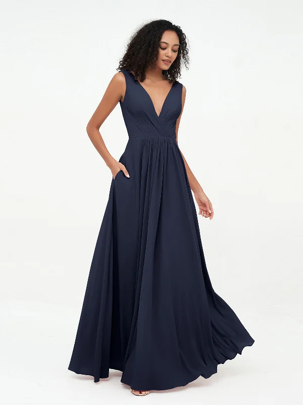 V-neck Chiffon Long Dresses with Pocktes-Dark Navy Tunics New arrival