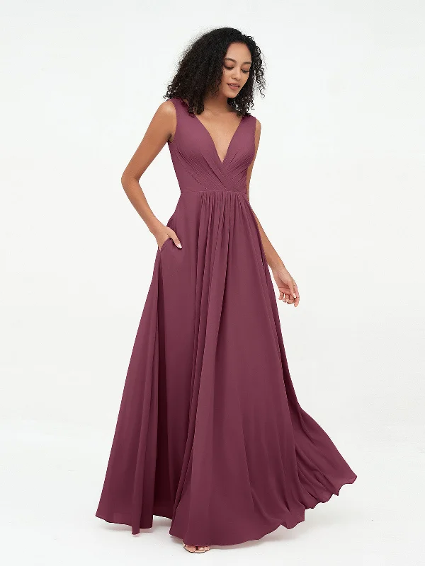 V-neck Chiffon Long Dresses with Pocktes-Mulberry Tunics Leisure comfortable