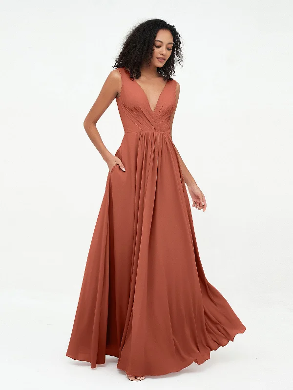 V-neck Chiffon Long Dresses with Pocktes-Rust Tunics Fall fleece