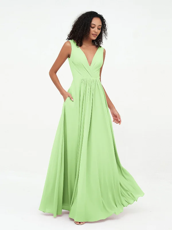 V-neck Chiffon Long Dresses with Pocktes-Sage Tunics Canvas sturdy