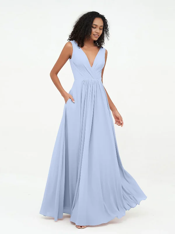 V-neck Chiffon Long Dresses with Pocktes-Sky Blue Bridesmaid Dresses Tunics Party sparkling