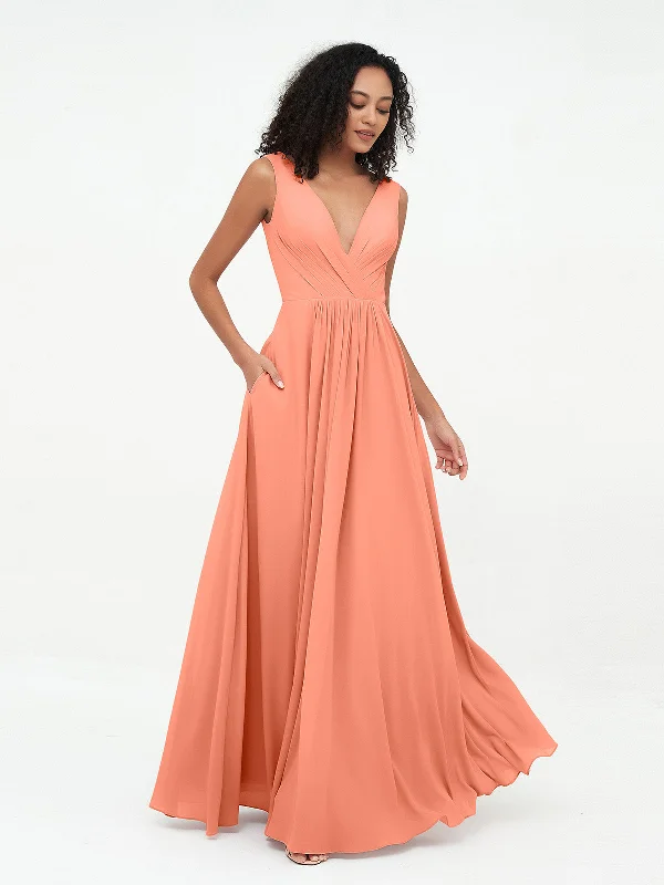 V-neck Chiffon Long Dresses with Pocktes-Sunset Tunics Corduroy durable