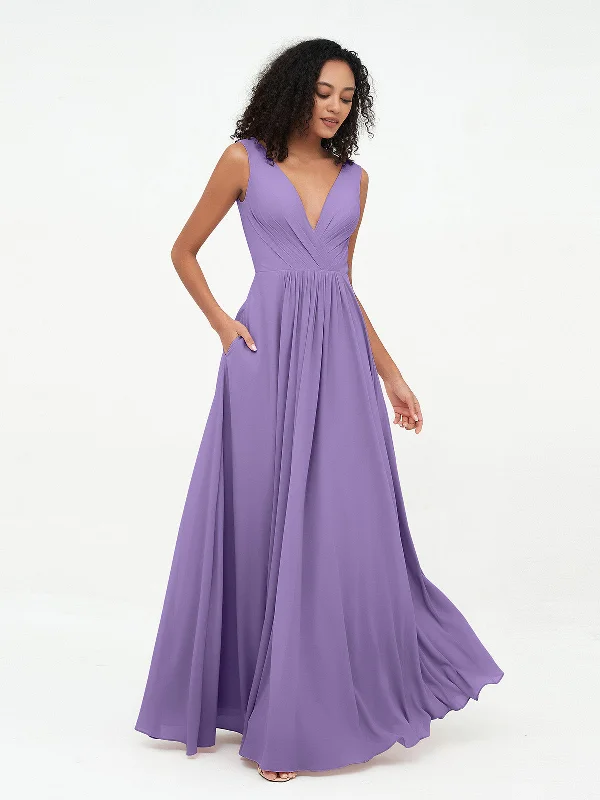 V-neck Chiffon Long Dresses with Pocktes-Tahiti Tunics stripes playful