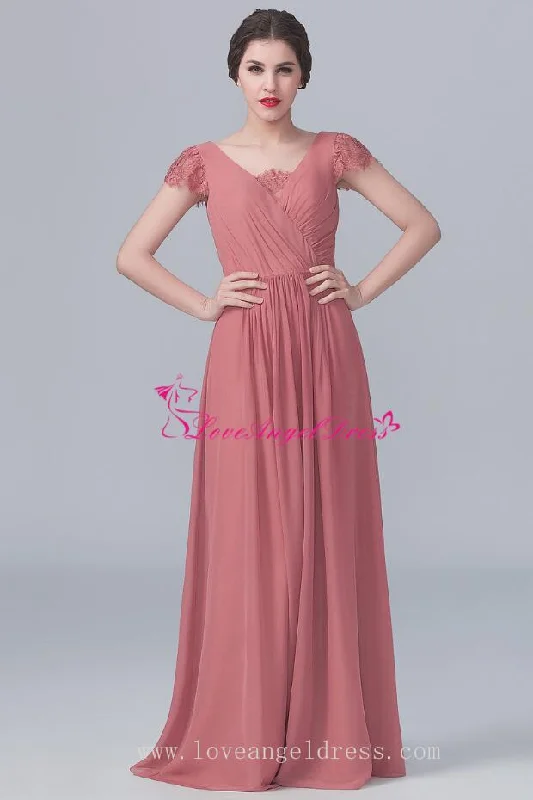 V-neck Lace Capped Sleeves Chiffon Long Dresses for Bridesmaid Tunics Party sparkling