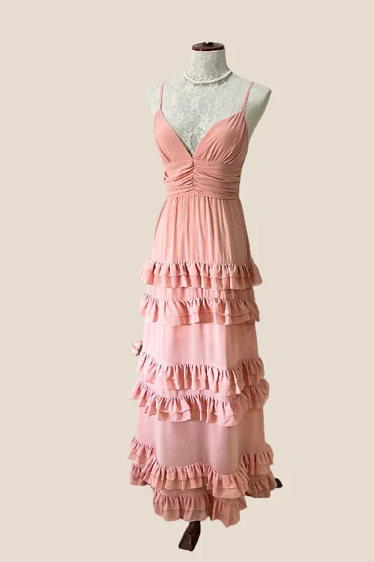 V-Neck Peach Ruffle Hem A-line Long Dress Tunics Solid Classic