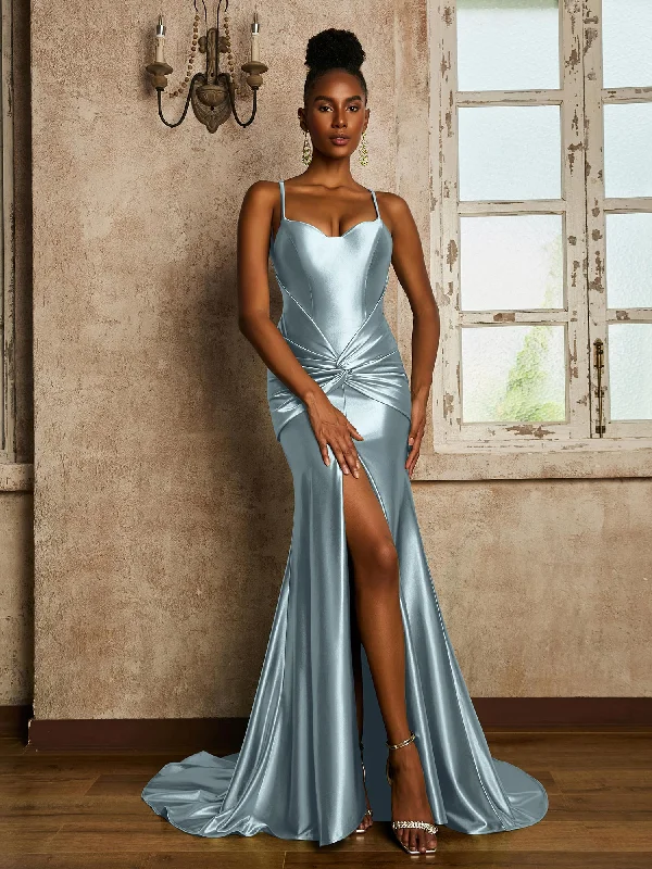 Waist Pleated Mermaid Stretch Satin Dress Dusty Blue Tunics Handmade artisanal